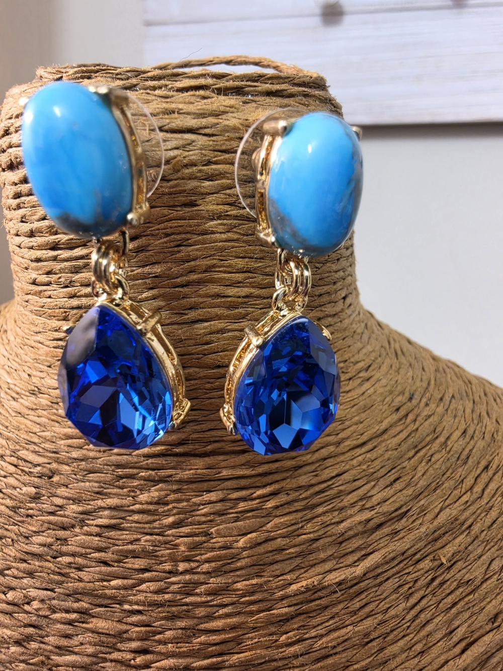 Gold-Drop Blue & Turquoise Teardrop Earrings 23 - Picture 3 of 3